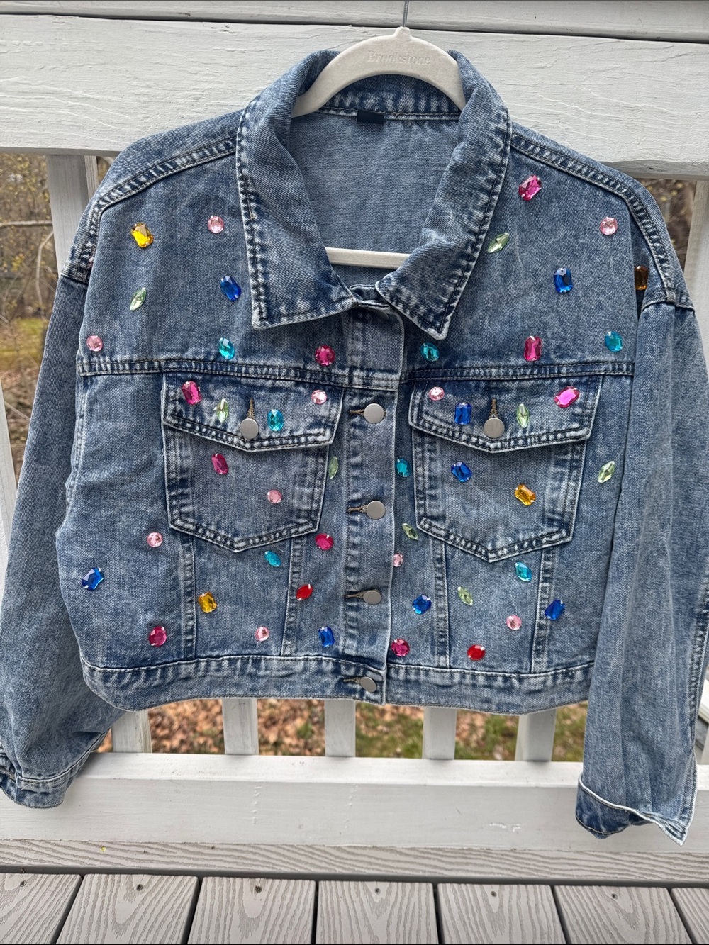 Cropped Acid Wash Denim Jacket with Multicolor Sequin Rhinestones Size 1 XL NWOT